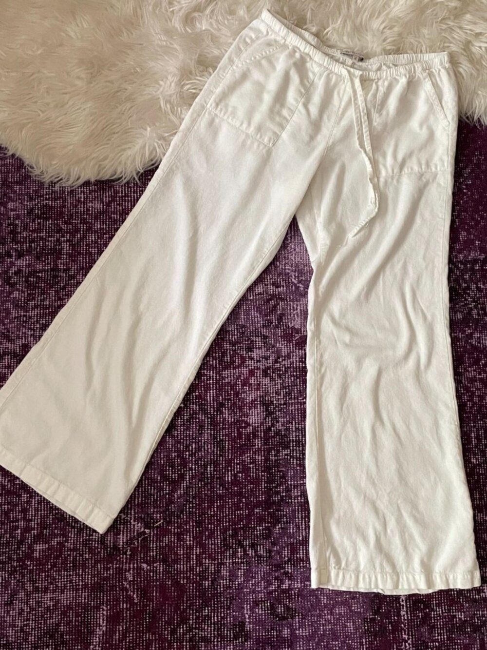low rise wide leg white trousers beachy boho minimalist linen blend - Picture 3 of 5